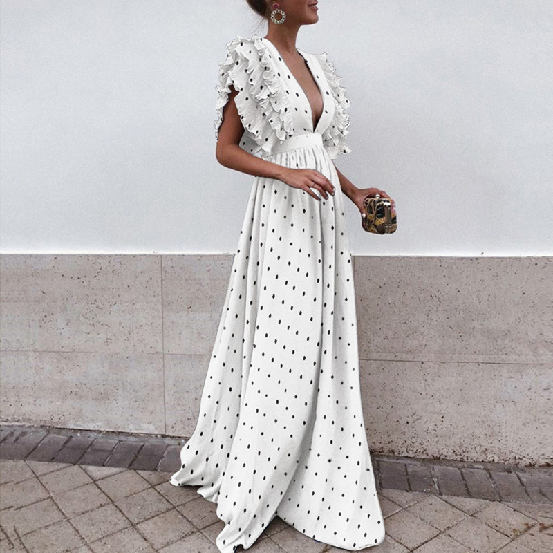 2019 New European Station Women's Flying Sleeve V-Neck Backless Polar Dot Dress European and American Women's dress 2019 New European Station Women's Flying Sleeve V-Neck Backless Polar Dot Dress European and American Women's dress