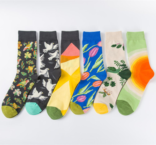 Cross-border fashionable colorful socks for men and women, casual flower and bird sketching series, wholesale socks without jams