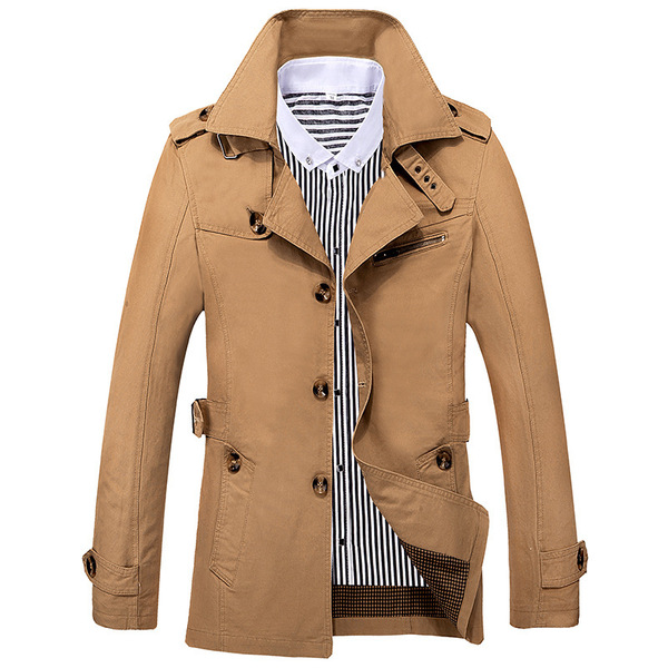 Men’s Lapel cotton wash windbreaker coat mid length casual jacket in spring and Autumn