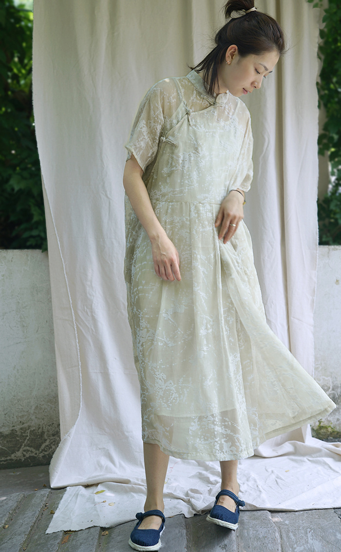 原创天丝炒色植绒印花盘扣连身裙 夏季国风轻中式袍子L18139