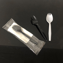 一次性叉勺黑色白色饭勺甜品勺可logo带纸巾100只塑料蛋糕叉