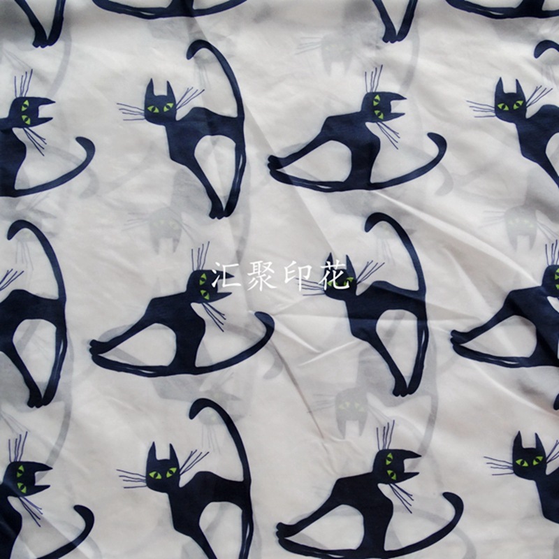 黑色可爱猫咪印花数码印花面料  时装印花        面料印花