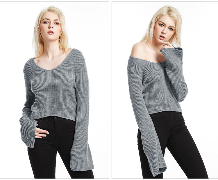 trumpet sleeve sexy V-neck pullover sweater  NSYH51708