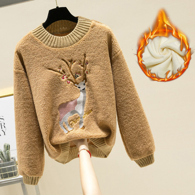 韩版时尚宽松羊羔毛加绒加厚刺绣卫衣女2018冬季新款保暖绒衫外套