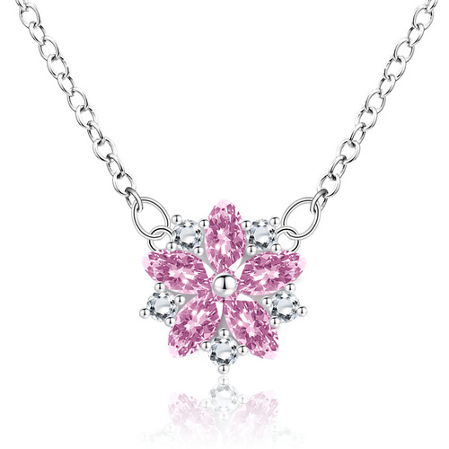 Cherry Blossom Diamond Crystal Necklace for Women - Korean Style Short Pendant Necklace with Sweet Pink and Forest System Design