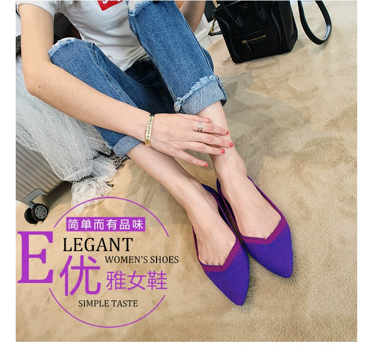 Brand Women's Flat Shoes Ladies Knit Pointed Shoes Casual Ballet Shoes Soft Pregnant Shoes Shallow Loafers Femme Ballerine 35-40