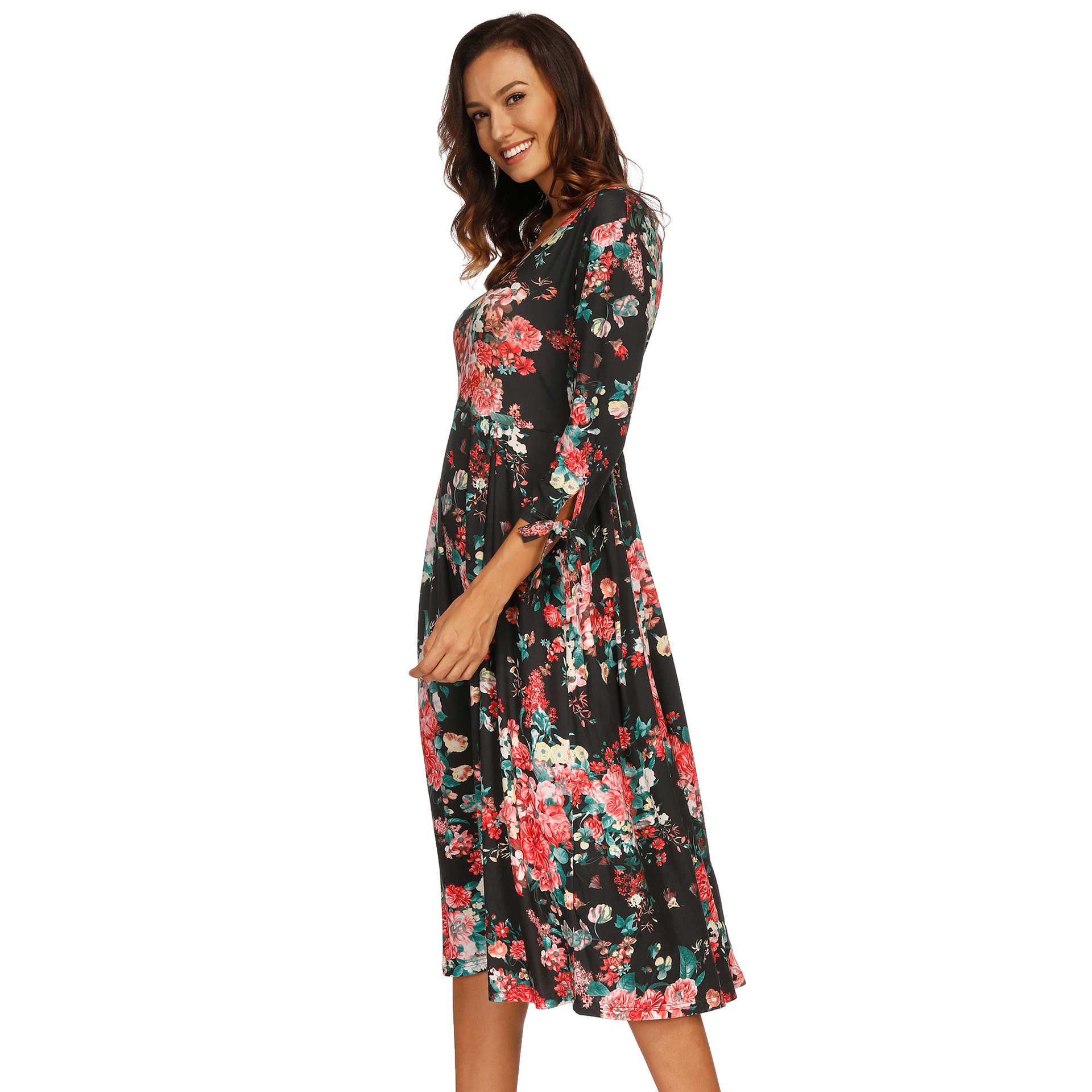 Autumn and winter new V-neck flower print big swing dress NSOY28478