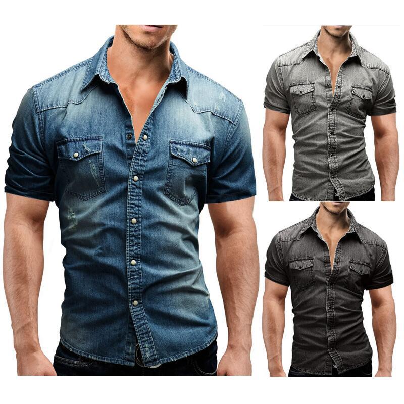Camicia di jeans uomo a maniche corte stile europeo estiva_voghion.com