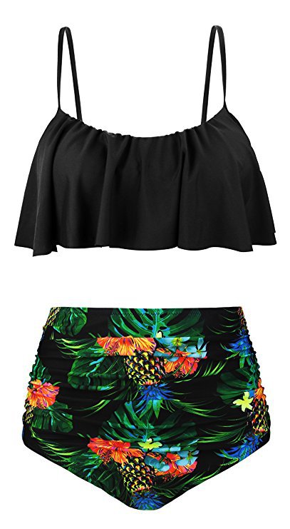 2022. gada peldkostīms ar dalītu bikini ar augstu jostasvietu ar apdruku uz pleciem, lotosa lapu malas krūšturis, bikini_voghion.com