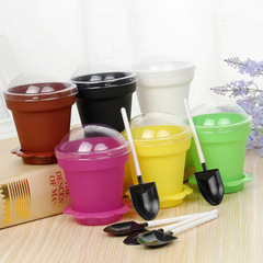 批發盆栽蛋糕杯創意花盆型慕斯冰激凌盆栽杯帶蓋帶鏟蛋糕盆栽批發