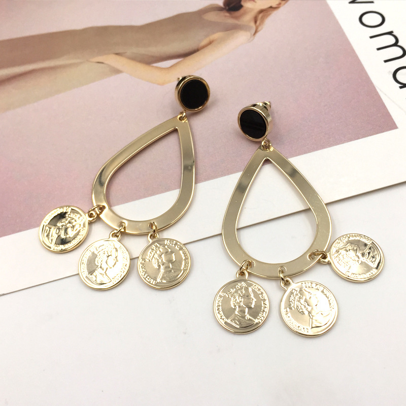 歐美大牌錢幣耳環(huán) 防過敏電鍍真金耳墜 S925銀針高品質(zhì)耳飾耳環(huán)女