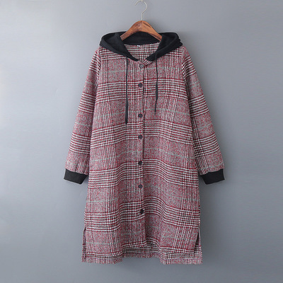 The new autumn and winter Color matching houndstooth Hooded Easy Large Hem Split ends Windbreaker B612 0.77