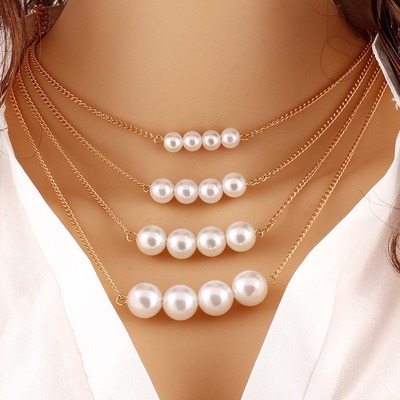 Europe and America high-grade Jewelry Foreign trade Metal Size Two-sided Pearl Necklace fashion multi-storey Clavicle chain sweater chain