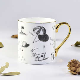 厂家批发骨质瓷水杯 陶瓷金把马克杯创意金边咖啡杯 可定制加logo