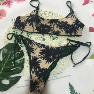 速卖通爆款2018树叶印花比基尼欧美新款泳衣女绑带泳装性感bikini