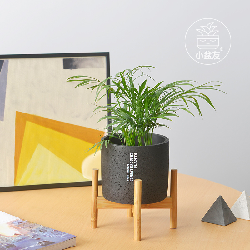 黑色斑点水泥圆形花盆配竹架现代室内个性多肉绿植盆厂家批发