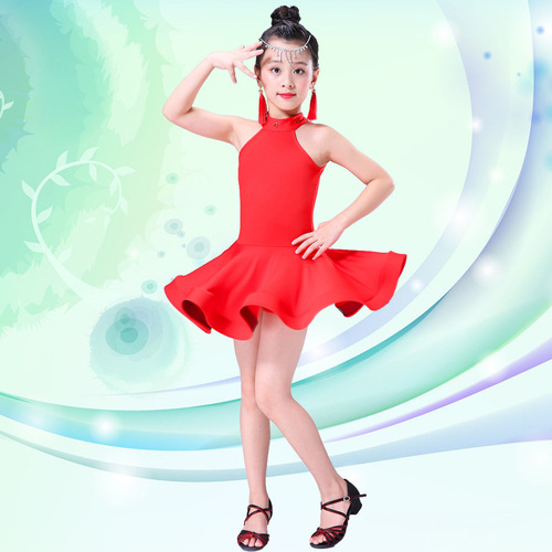 Girls latin salsa dance dresses red green pink black ballroom latin stage performance costumes for sale modern latin chacha rumba dance skirts for kids