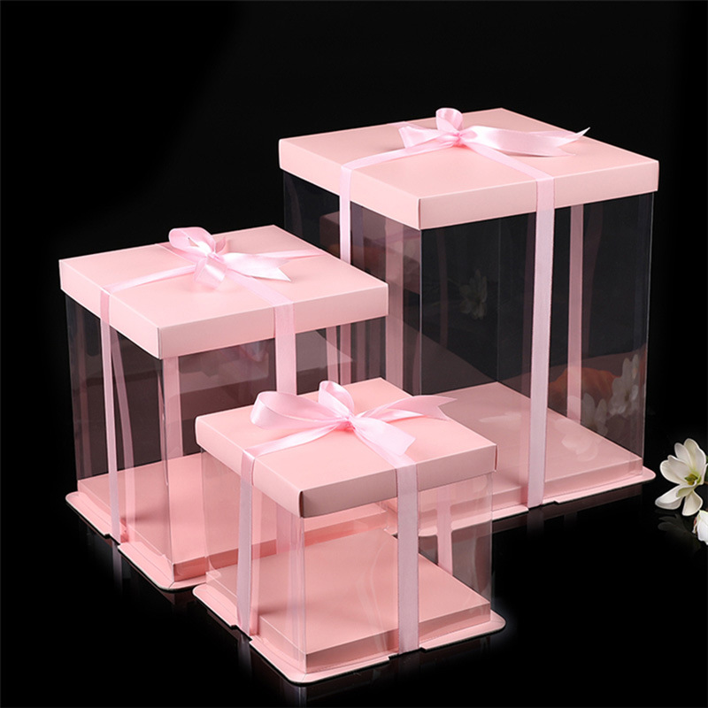 现货批发粉色透明蛋糕盒单双层加高芭比三合一生日千层烘焙包装盒
