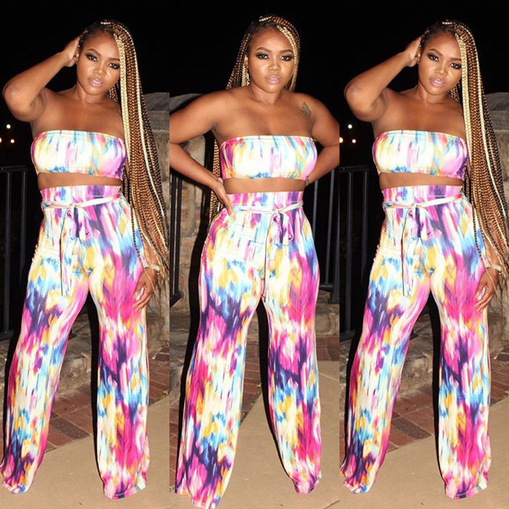 Wrapped Chest Tie Dye Lace Wide Leg Pants Two-piece Set Nihaostyles wholesale clothing vendor NSTYF72976