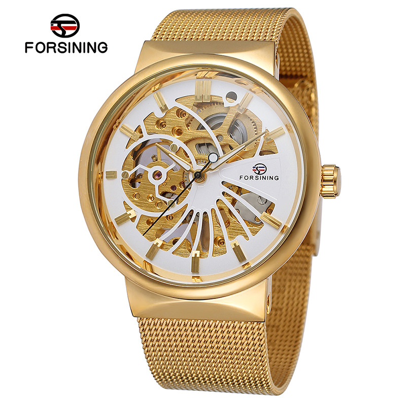 Nuevo reloj mecánico manual de la correa de acero de la moda de los hombres de FORSINING126 hueco-hacia fuera el reloj transparente del diseño para los hombres