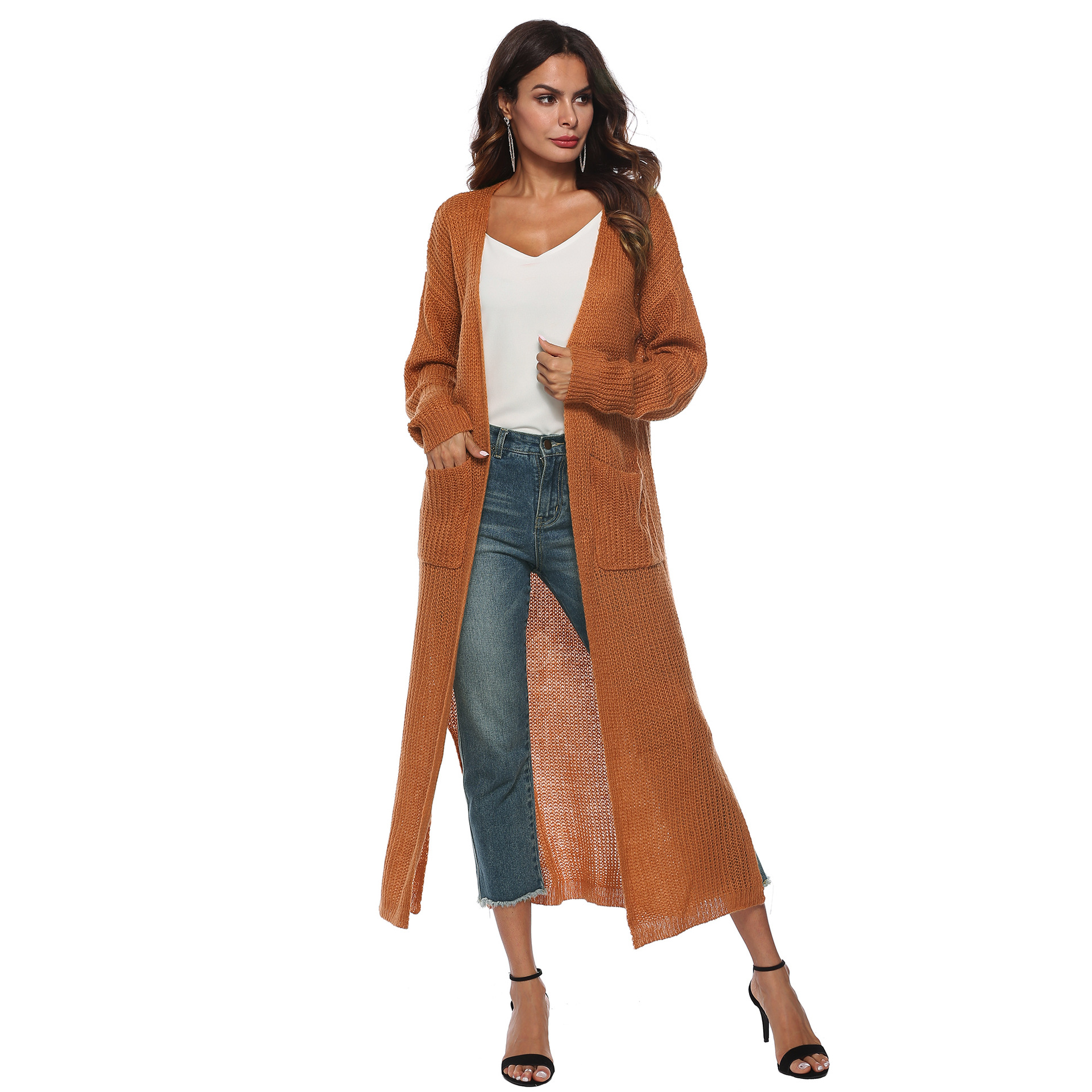 open-fork big pocket knit long thin coat NSOY28458