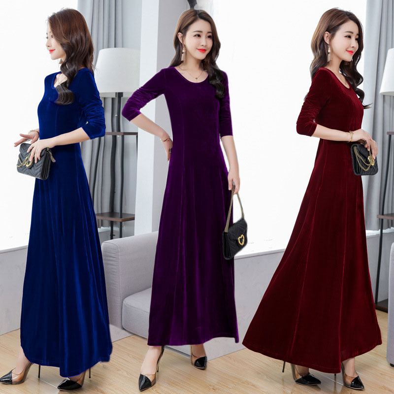 2019春秋冬季款金丝绒连衣裙圆领长袖大摆晚礼服旗袍大码女装长裙