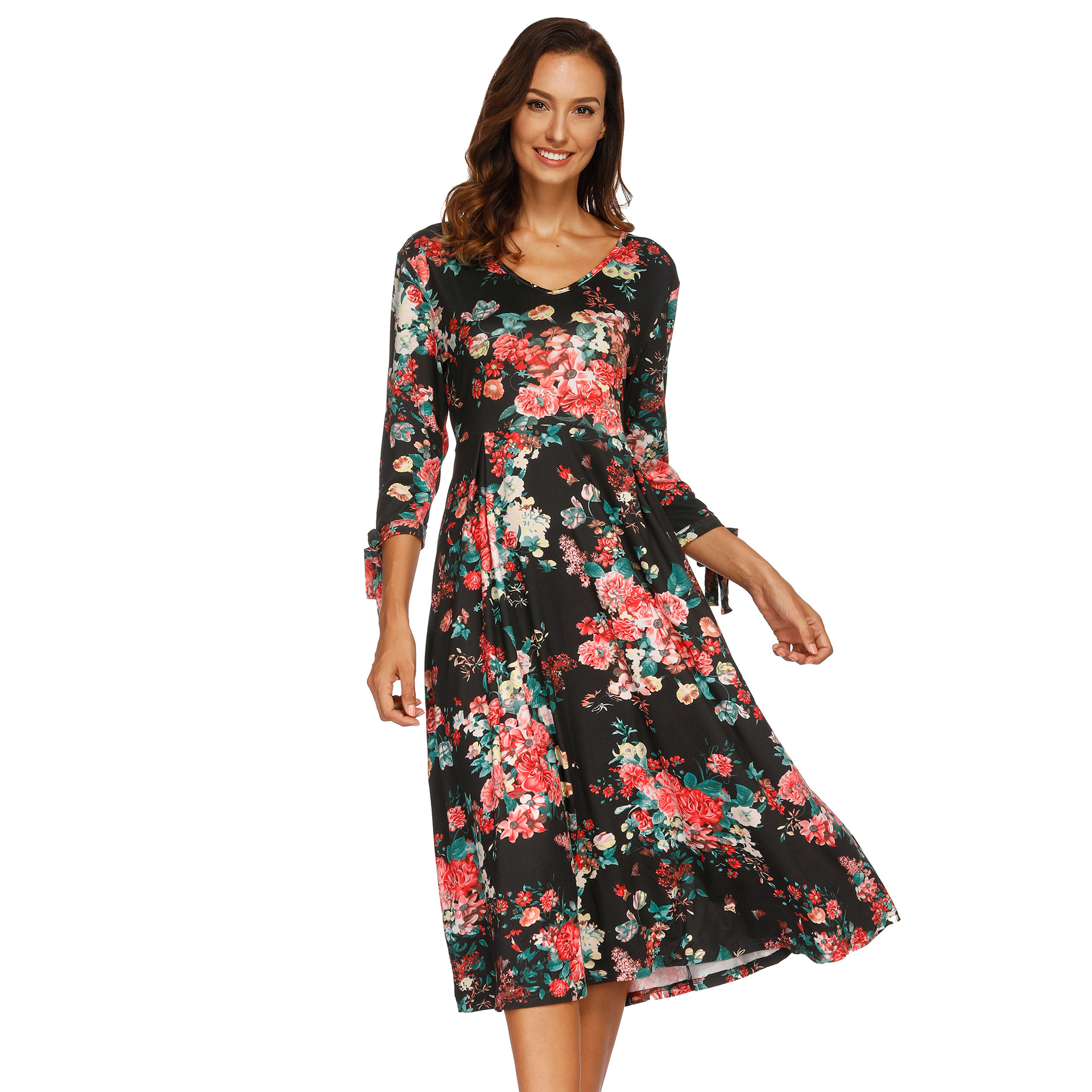 Floral Print Maxi Dress V Neck Three Quarter Sleeve Autumn Winter Style Wholesale Womens Fashion Dress