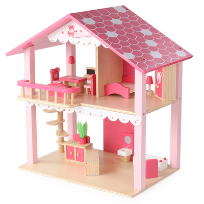 A birthday present wooden  a doll Pink Little Bear simulation villa House Parenting interaction girl Play house Toys