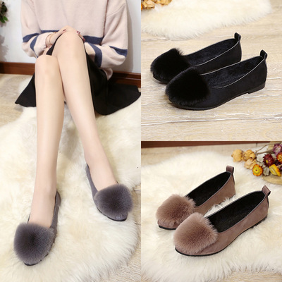 2018秋季新款韓版豆豆鞋女平跟單鞋毛毛鞋休閑壹腳蹬圓頭壹件代發