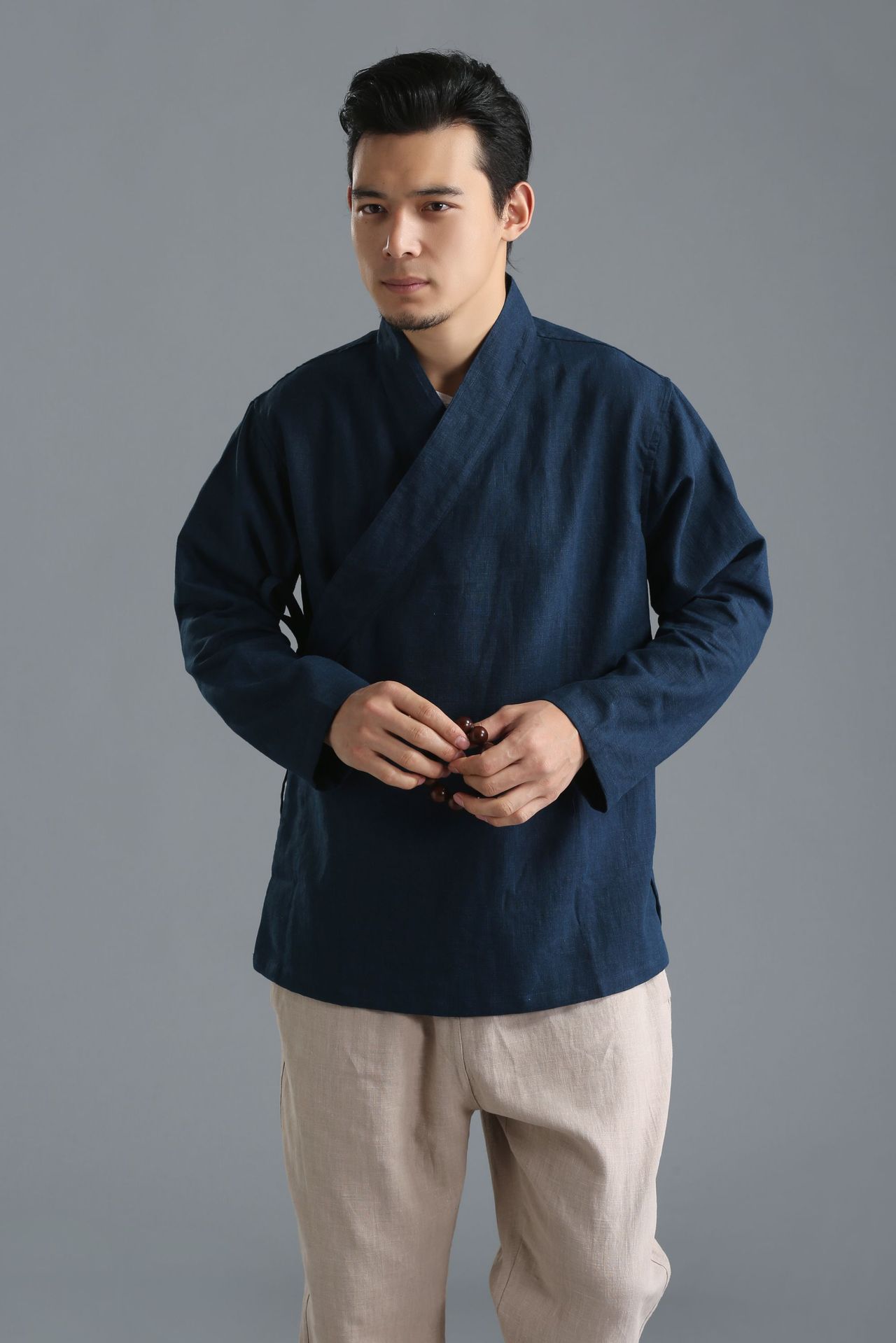 24麻凡布衣 时尚新款苎麻男装上衣 纯色长袖民族风汉服和服-阿里巴巴