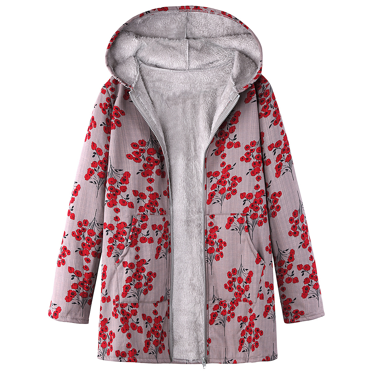 Foto real de abrigo de algodón compuesto grueso con capucha y cremallera de manga larga para mujer, abrigo de algodón de longitud media con estampado de Amazon image 5