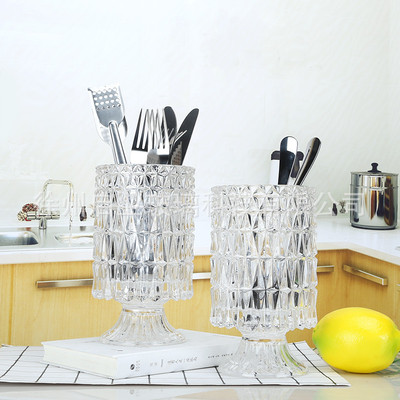 簡約透明高腳水晶玻璃花瓶水培菱紋玻璃工藝品餐具桶玻璃裝飾花瓶