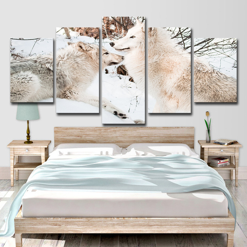 Cross-border wish cross-border wall art photo kitchen dining room decoration 5 pieces forest animal White Snow Wolf living room