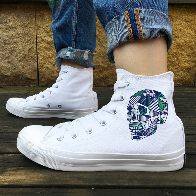 Wen 橡胶大底耐磨板鞋女几何棱面骷髅舒适百搭白色帆布鞋男鞋大码