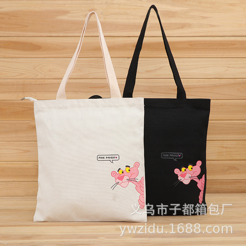 新款手提卡通粉红豹帆布包女 文艺软妹单肩个性小清新学生拉链包