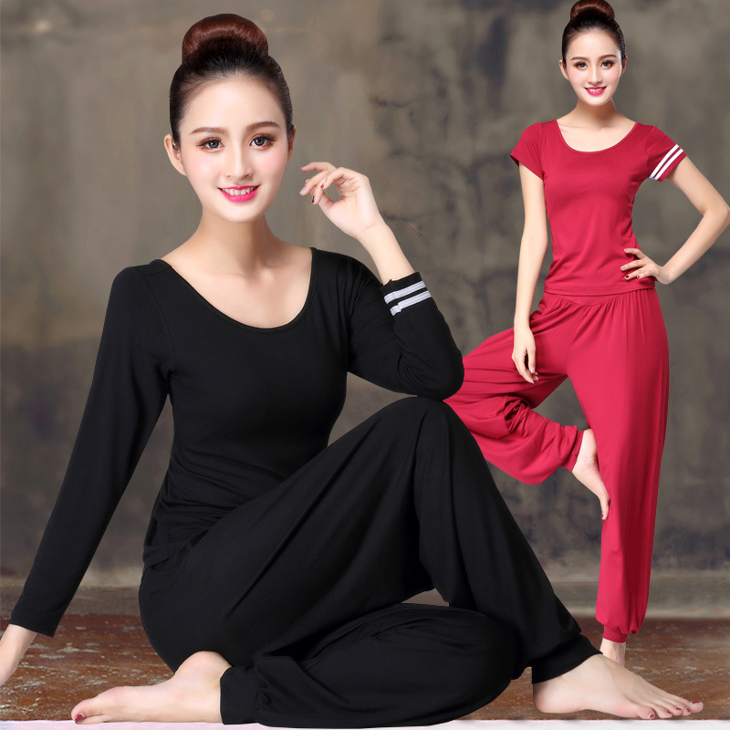 新品款2019春夏莫代尔瑜伽服套装女显瘦运动健身练功服带胸垫宽松