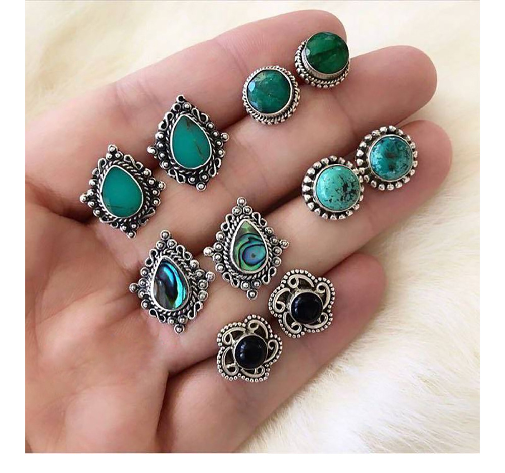 New 5 Pairs Set Earrings European And American Fashion Retro Dazzling Turquoise Gem Earrings Set display picture 2