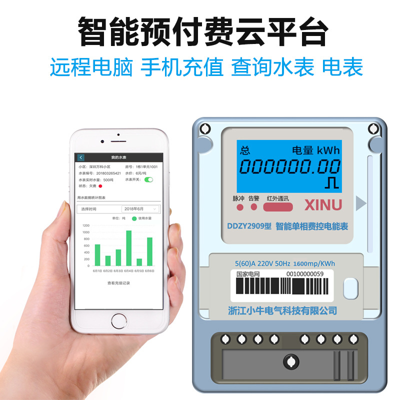 智能單相預付費 遠程手機充值充費水電表 遠程斷電 電表485通訊