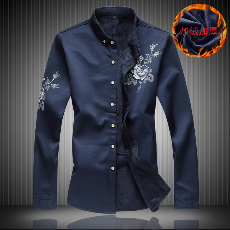 New autumn and winter men's plus velvet and thick print long sleeve shirt plus-size men's flower shirt warm fat man shirt