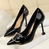 European and American style professional women’s shoes high heels thin heels patent leather shallow mouth pointed metal 