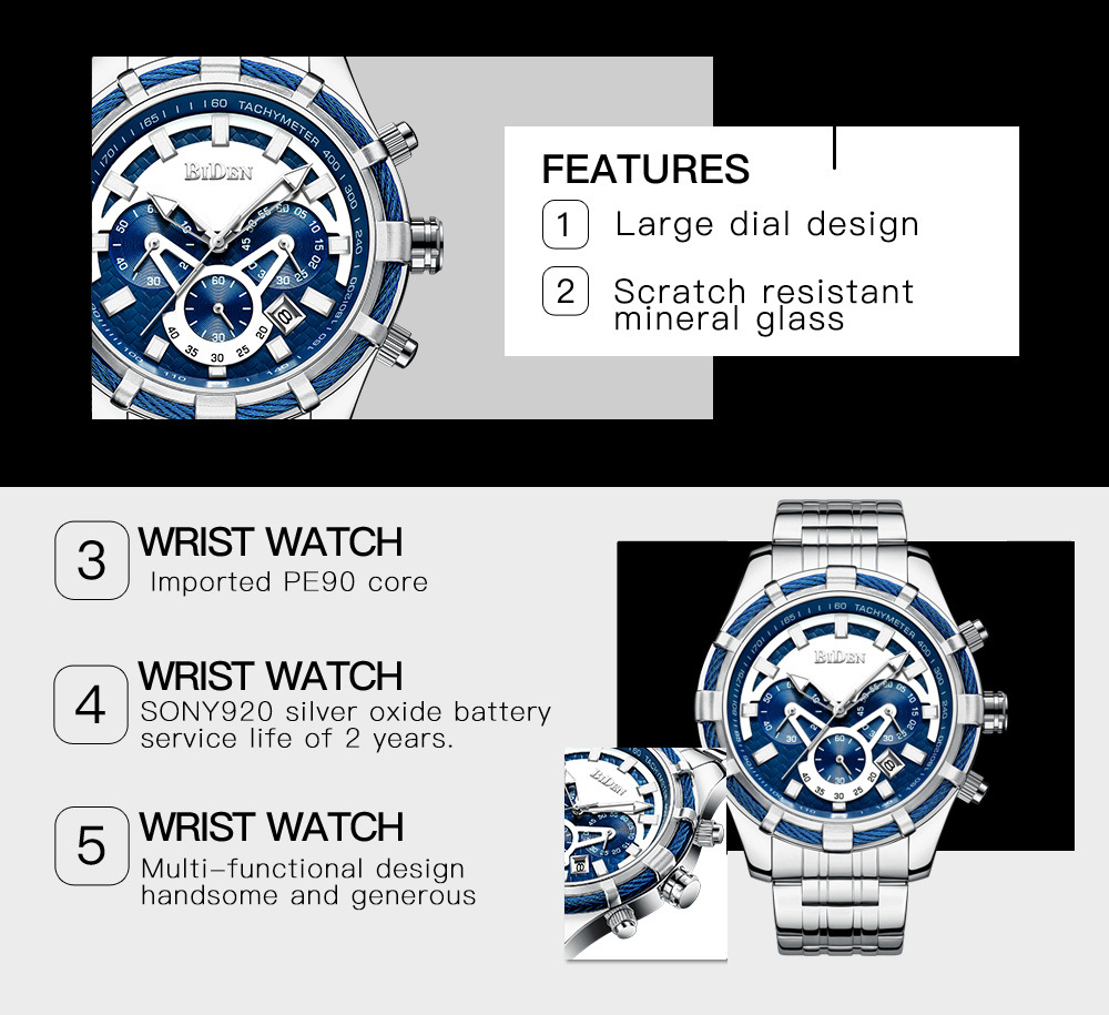 New Watch BIDEN Men's Watch Cool, Sports, Trendy, and Fashionable Steel Band Multi Functional Six Needle Quartz Watch_voghion.com