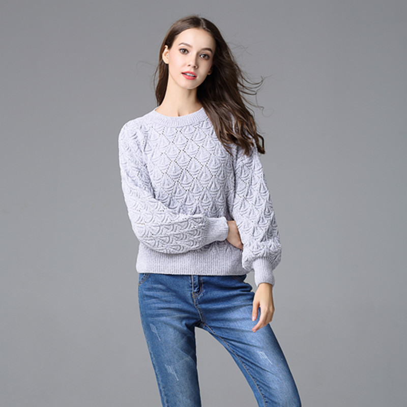 2020冬装新款韩版时尚圆领灯笼袖雪尼尔针织套头羊毛衫女一件代发