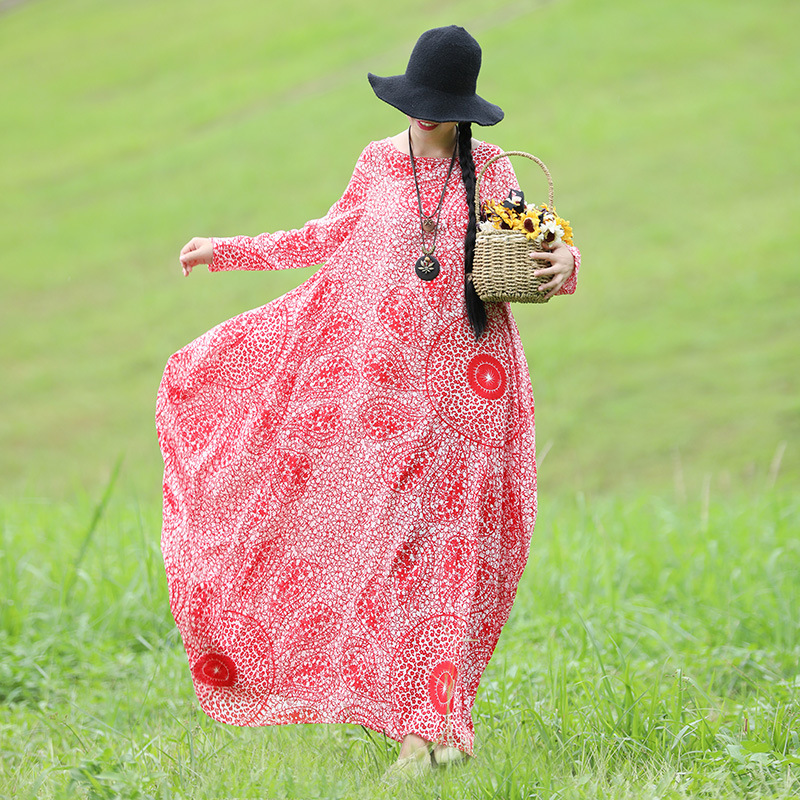 Real shot 2019 Yang Liping same style cotton and linen printed loose garden collar flower bud skirt female summer ethnic style irregular robe