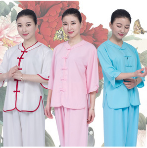 Chinese Tai Chi Clothing Kungfu uniforms women pink blue Short Sleeve Cotton linen wushu performance clothing Tai ji quan martial art training suit