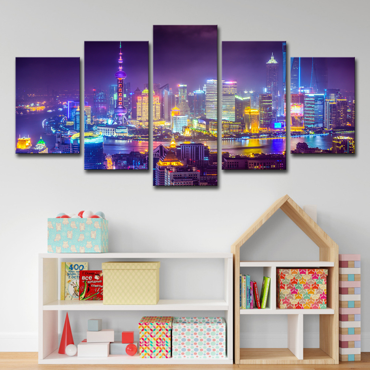 跨境速卖通 ebay5板墙艺术上海城市夜间高清图片景观家居装饰