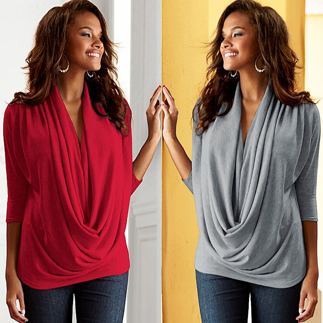 Irregular Scarf Neck Slim Fit T Shirt 3 4 Sleeve Spring Style Sexy Design Wholesale Available