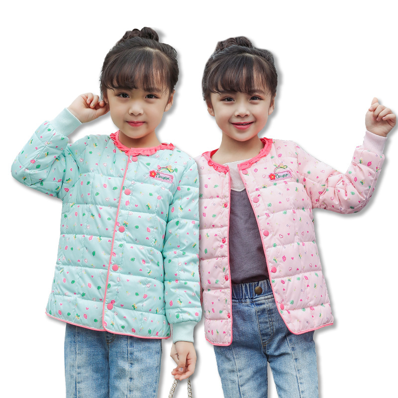品羽 新款韩版秋冬女童羽绒服 小清新荷叶领碎花中大童羽绒内胆