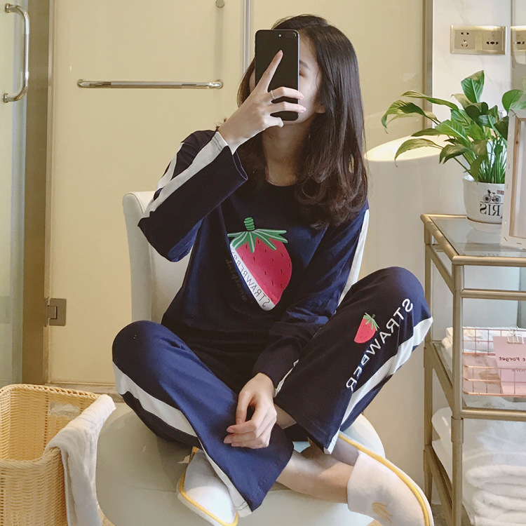 春秋季新品女纯棉长袖阔腿裤睡衣大草莓家居服学生运动风外穿套装