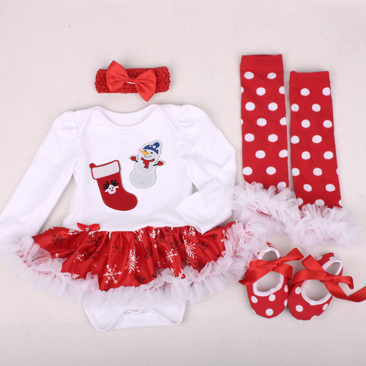 2025 New Newborn Long Sleeve Harness Skirt Sock Covers Toddler Shoes and Hairband Four-Piece Set Christmas Outfit