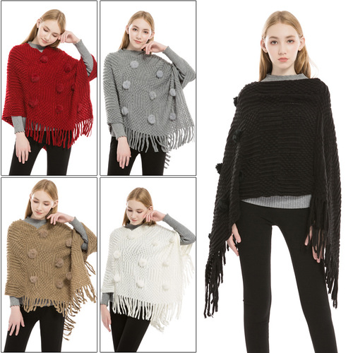 Autumn and winter new European and American rabbit fur ball knitwear manufacturer wholesale imitation cashmere warm large size women's cloak shawl